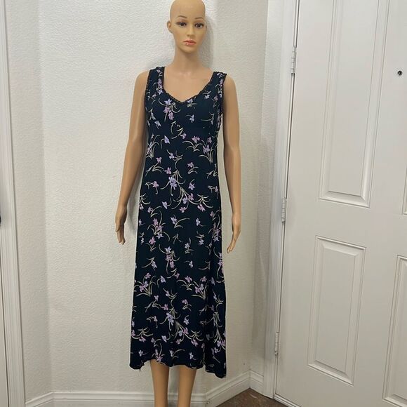 Floral Dress Sz Medium Made In India V Neck Sleeveless Midi 💯% Rayon Side Slit - Picture 1 of 9
